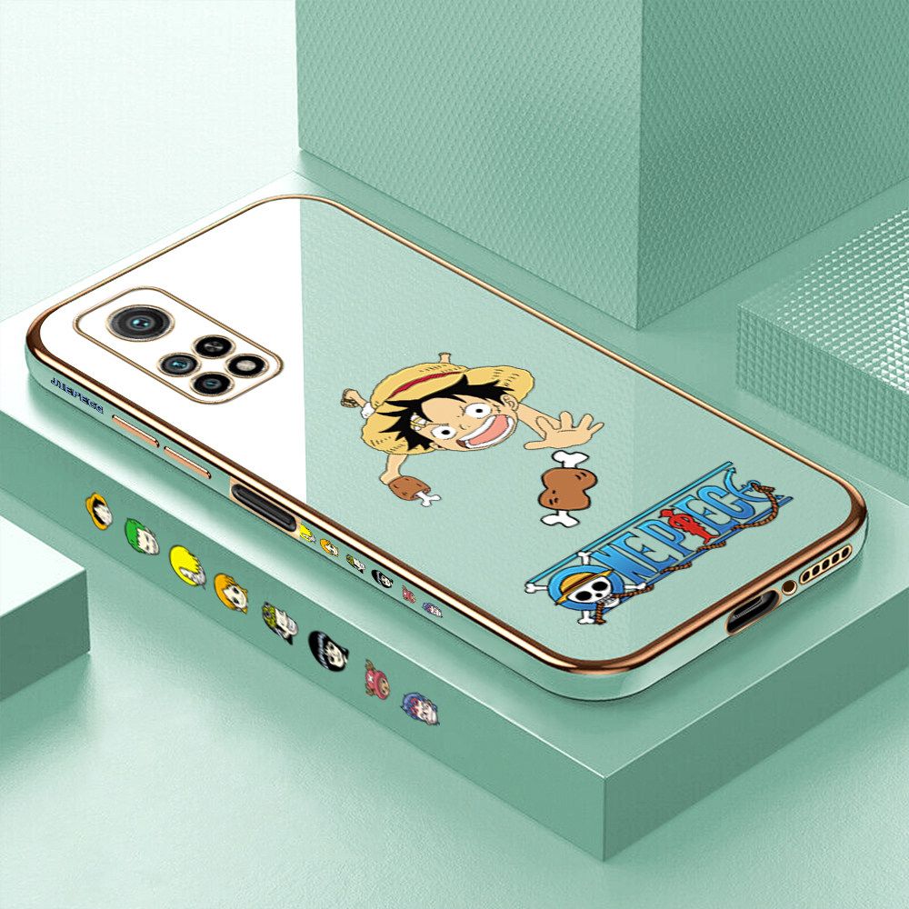Luxury 6D Plating Case for Xiaomi 10T Pro Gluttonous Cartoon Luffy Side Pattern Back Cover Soft Silicone Square Frame Shiny Bling Phone Cases + Free Lanyard