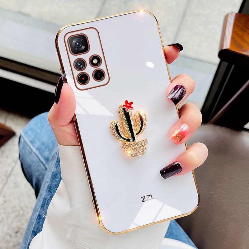 For Xiaomi Redmi 10 Cover Fashion Rhinestone 3D Cactus Shiny Plating Square Bumper Phone Case Soft Silicone Shockproof Protective Back Cover