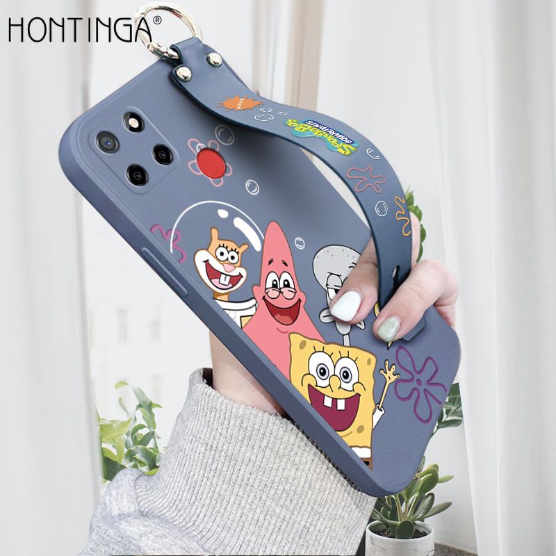 Hontinga for Realme C25s Wrist Strap Case Cute Cute Funny Cartoon Sponge for Square Pants Cover Square Edge Liquid Silicone Anti-drop Phone Case