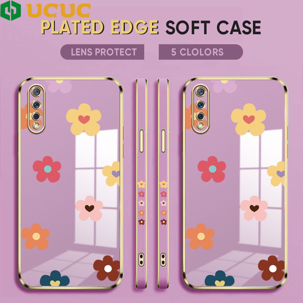 UCUC for Vivo S1 Back Cover + Free Lanyard INS Style Flower Luxury 6D Plating Case Side Pattern Soft Silicone Square Phone Cases