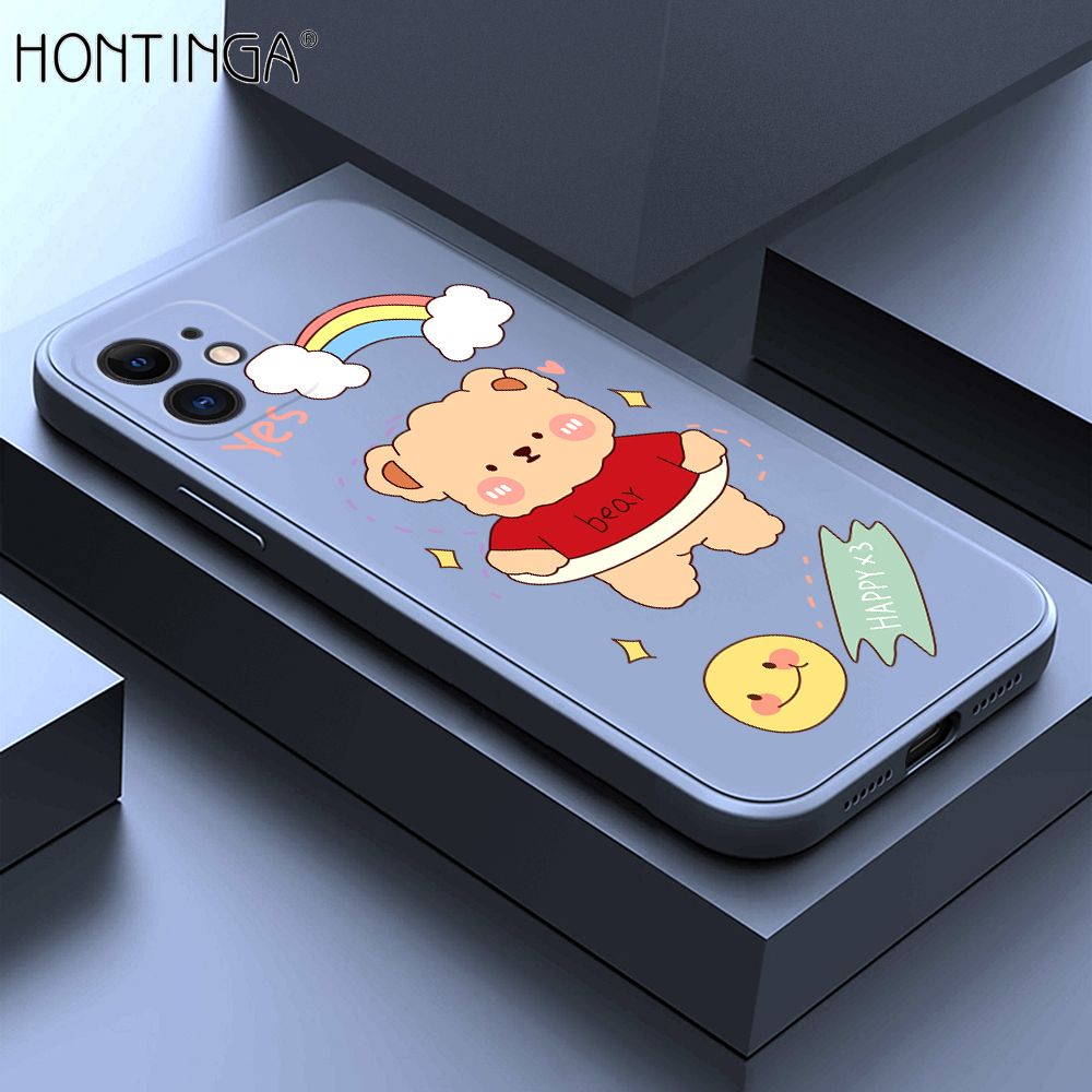 Hontinga for iPhone 12 Case Lovely Cartoon Bear Phone Case Phone Case Soft Square Edge Silicone Cases Full Lens Cover Shockproof Protection Cover