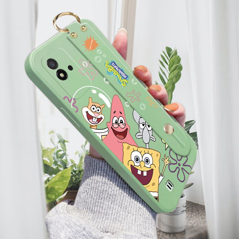 Jizetin for Realme Narzo 50I Back Cover Cute Funny SpongeBob Wrist Strap Phone Case Candy Color shock proof Protective Phone Cases