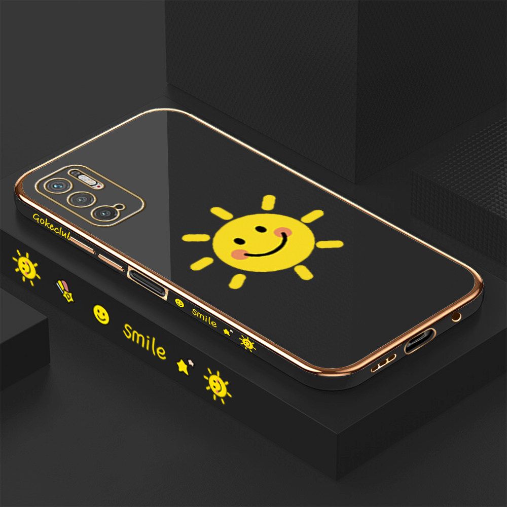 ZeroQiQi for Xiaomi Poco M3 Pro 5G/4G/Redmi Note 10 5G Back Cover Smiling Sun Luxury 6D Plating Case Side Pattern Soft Silicone Square Phone Cases + Free Lanyard