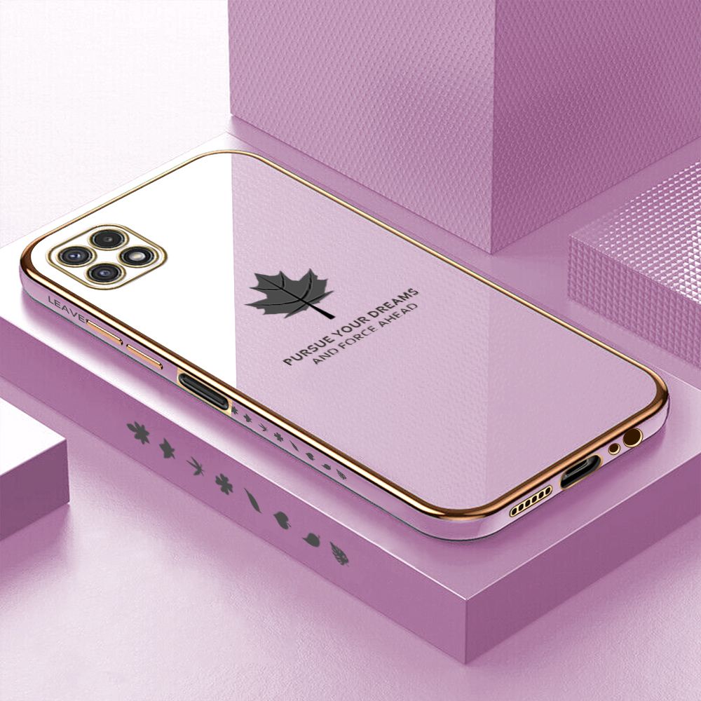 ZeroQiQi for Samsung Galaxy A22 5G Back Cover Maple Leaf Luxury 6D Plating Case Side Pattern Soft Silicone Square Phone Cases + Free Lanyard
