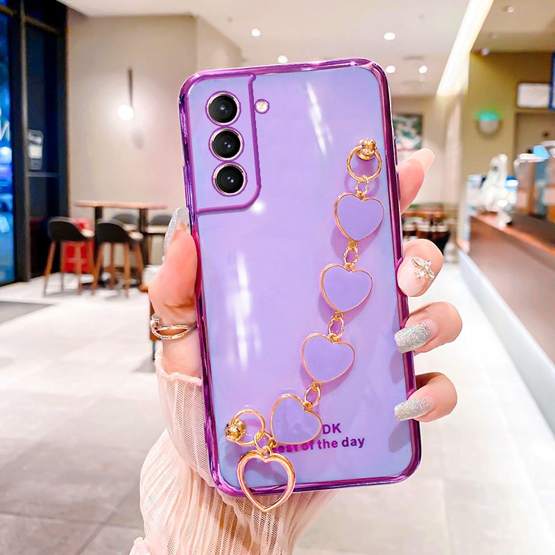 For Samsung Galaxy S22 Plus Back Cover with Love Heart Chain Wrist Strap Fashion Bracelet Shiny Plating Bumper Protective Case Silicone Shockproof Mobile Phone Cases