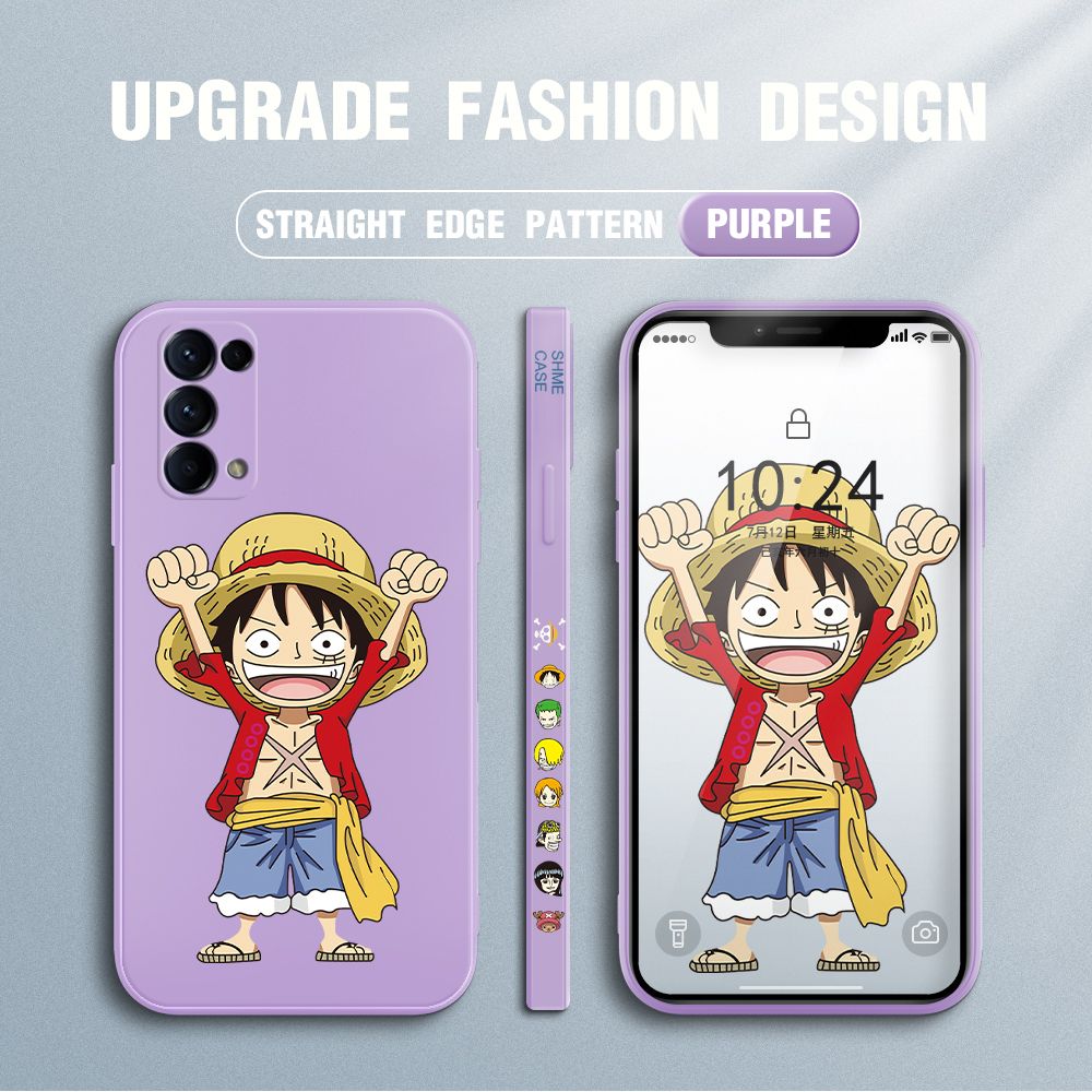 Jizetin for OPPO Reno5 5G Case Anime One-Piece Monkey D. Luffy Anime Side Design Phone Case Square Edge Pattern Liquid Silicone Cases Full Cover Camera Shockproof Protective Case
