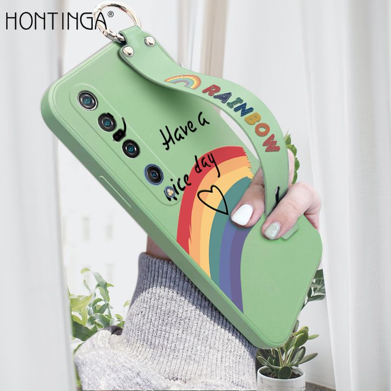 Hontinga for Xiaomi Mi 10 Pro Wrist Strap Case Lovely Graffiti Rainbow Smile Thin Phone Cover Square Edge Liquid Silicone Creativity Phone Case