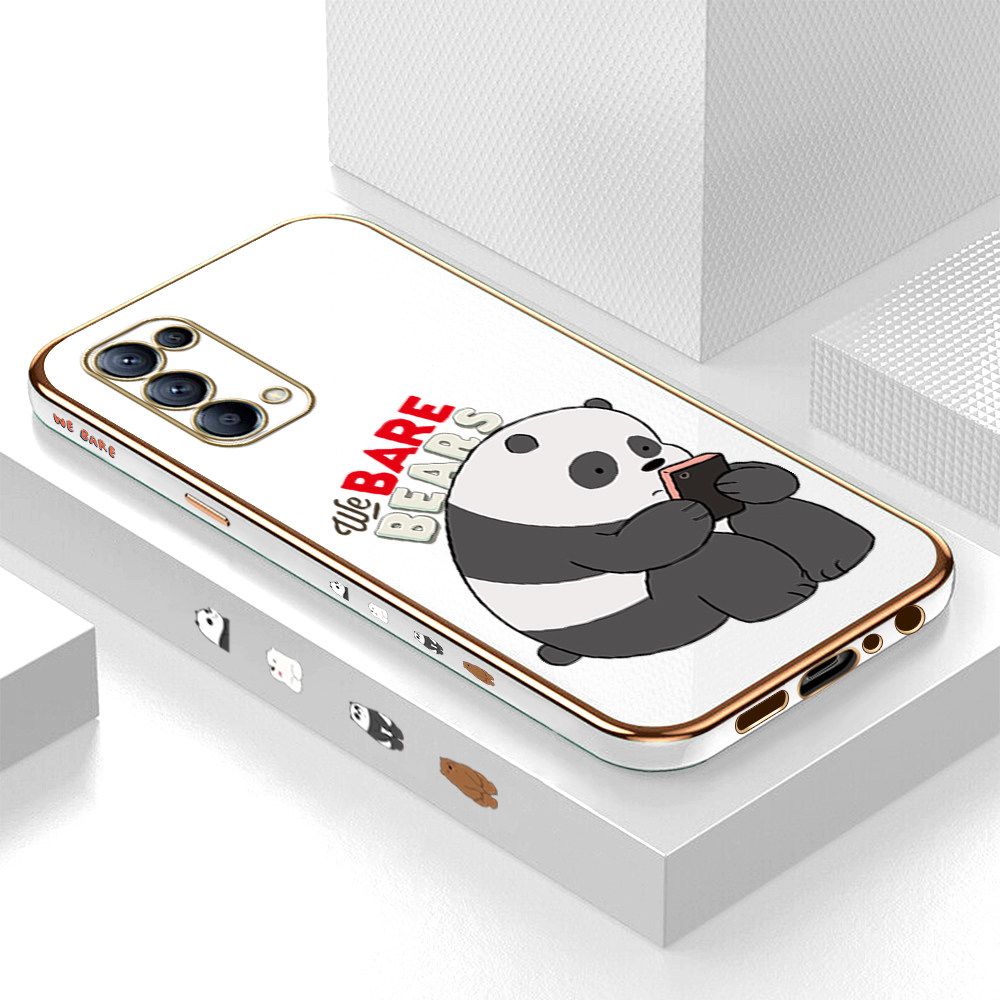 Luxury 6D Plating Case for OPPO Reno5 Cartoon Panda Side Pattern Back Cover Soft Silicone Square Frame Shiny Bling Phone Cases + Free Lanyard