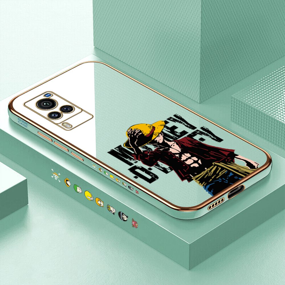 Luxury 6D Plating Case for Vivo X60 Pro Anime Cartoon Cool Luffy Side Pattern Back Cover Soft Silicone Square Frame Shiny Bling Phone Cases + Free Lanyard