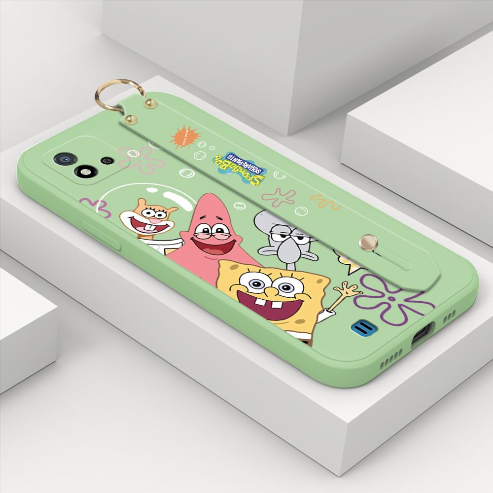 ZeroQiQi for Realme C11 2021 Wrist Strap Case Cute Cute Funny Cartoon Sponge for Square Pants Cover Square Edge Liquid Silicone Anti-drop Phone Case