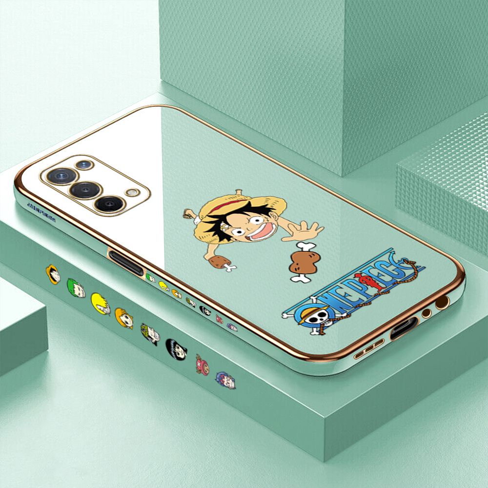 Luxury 6D Plating Case for OPPO A74 5G Cartoon Meaty Luffy Side Pattern Back Cover Soft Silicone Square Phone Cases + Free Lanyard