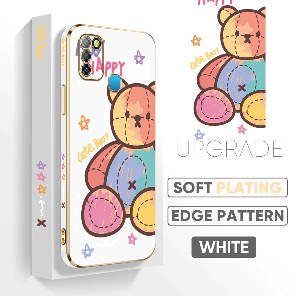Jizetin (Free Lanyard) Infinix Smart 5 Back Cover Color Bear Luxury 6D Plating Case Side Pattern Soft Silicone Square Phone Cases