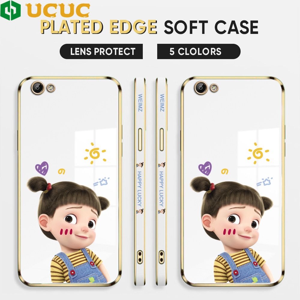 UCUC for Vivo Y65 / Y66 Back Cover + Free Lanyard Lovely Girl Luxury 6D Plating Case Side Pattern Soft Silicone Square Phone Cases