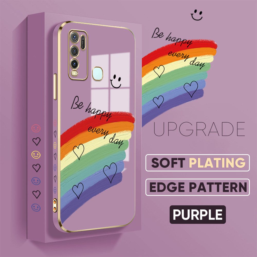 TA for Vivo Y30 / Y30I / Y50 Back Cover + Free Lanyard Rainbow Doodle Luxury 6D Plating Case Side Pattern Soft Silicone Square Phone Cases