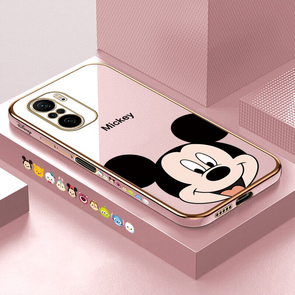 Luxury 6D Plating Soft Casing Silicone Square Frame Phone Case For Xiaomi Poco F3 Case Shiny Bling Back Cover Cartoon Big Head Mouse Square Edge Pattern Design Soft Case + Free Lanyard