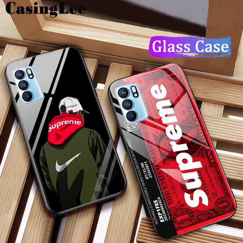 Casinglee for OPPO Reno 6 Pro Case Tempered Glass Protector Mirror Couple Back Cover SUP Supreme Design OPPO Reno6 Pro case cover For girls and Boys