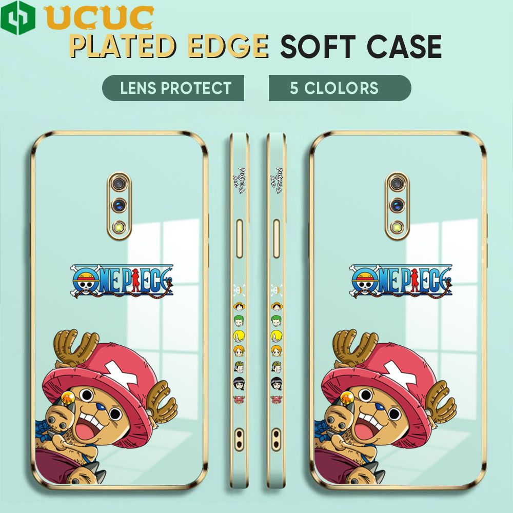 UCUC for Realme X Cover Blue Wave Ball Chopper Luxury 6D Plating Soft Casing Silicone Square Frame Phone Case Shiny Bling Back Cover + Free Lanyard
