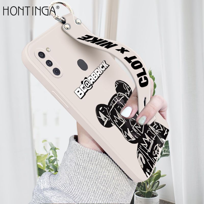 Hontinga for Samsung Galaxy A11 Wrist Strap Case Fashion Black Brand Bear Phone Case Square Edge Liquid Silicone Cases Full Cover Camera Shockproof Protection Cases