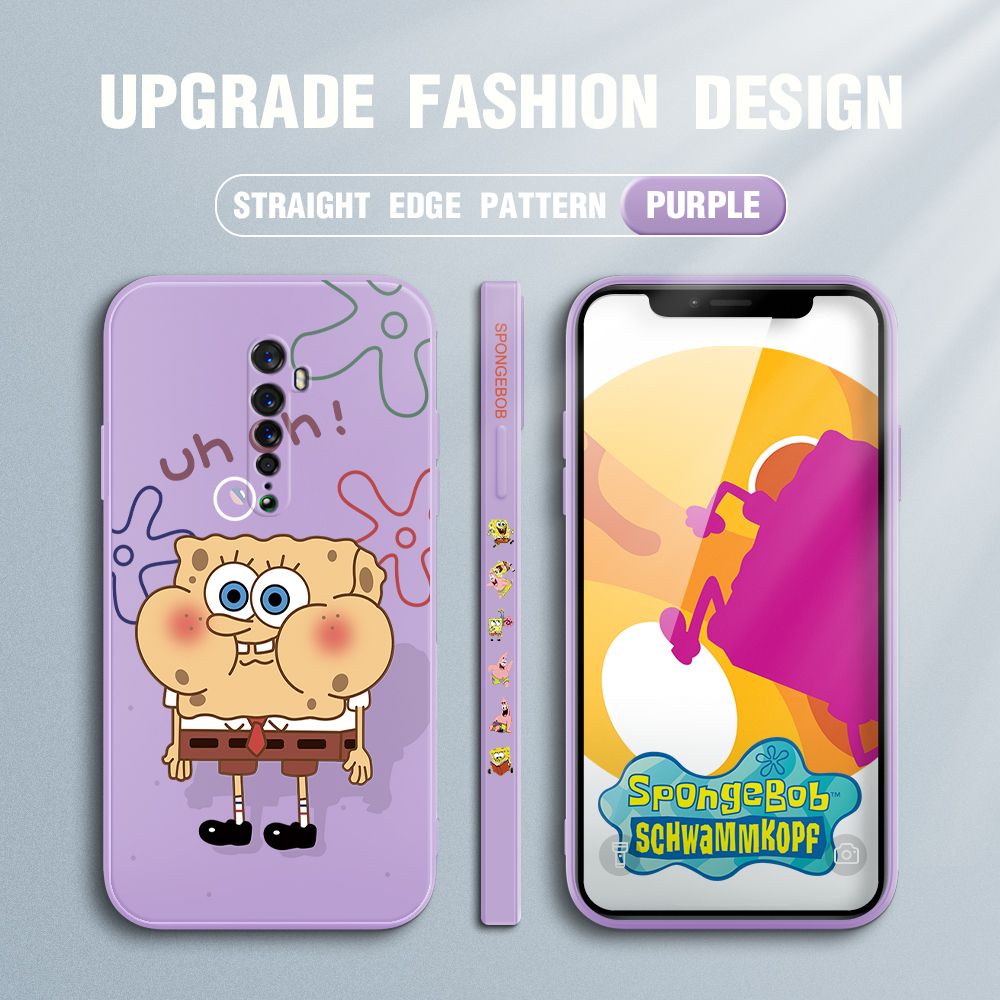 Jizetin for OPPO Reno 2 Case Side Design Phone Cover New Cartoon SpongeBob SquarePants Cover Square Edge Pattern Liquid Silicone Trend Case