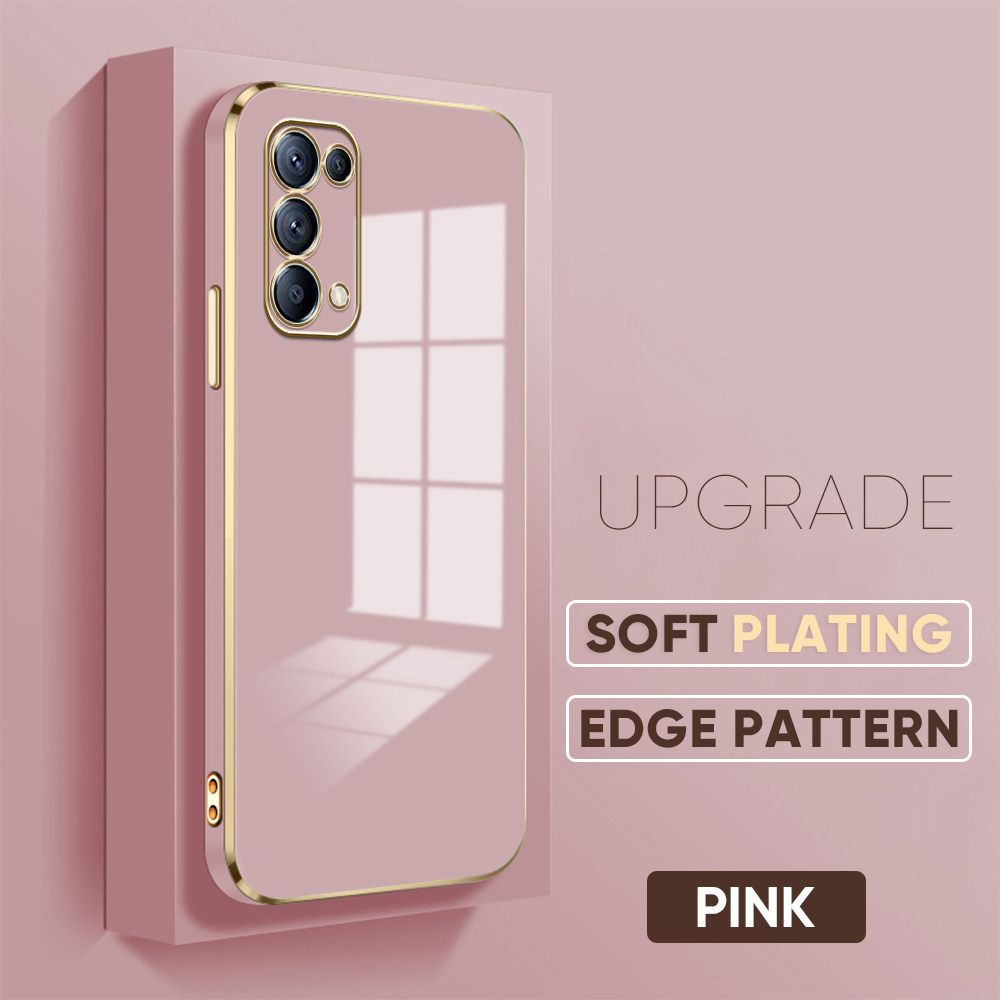 Jizetin (Free Lanyard) OPPO Reno5 5G Luxury 6D Plating Soft Casing Silicone Square Frame Phone Case Shiny Bling Back Cover