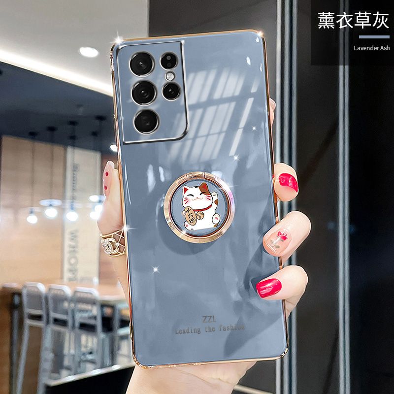 For Samsung Galaxy S21 Ultra Cover + Ring Holder Stand Shiny Plating Square Bumper Phone Case Lens Protection Soft Silicone Shockproof Protective Back Cover