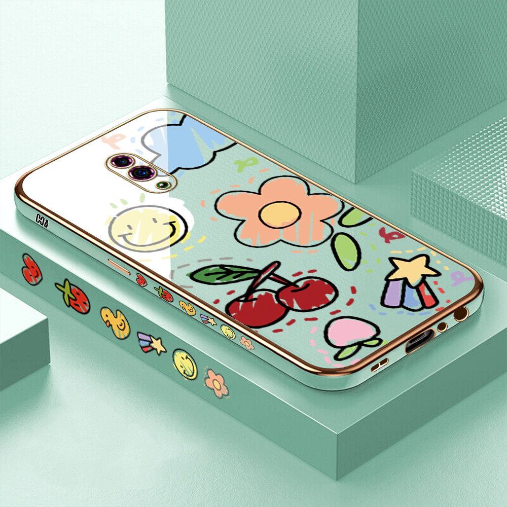 Luxury 6D Plating Case for OPPO Reno Color Cartoon cherry Peach Side Pattern Back Cover Soft Silicone Square Frame Shiny Bling Phone Cases + Free Lanyard