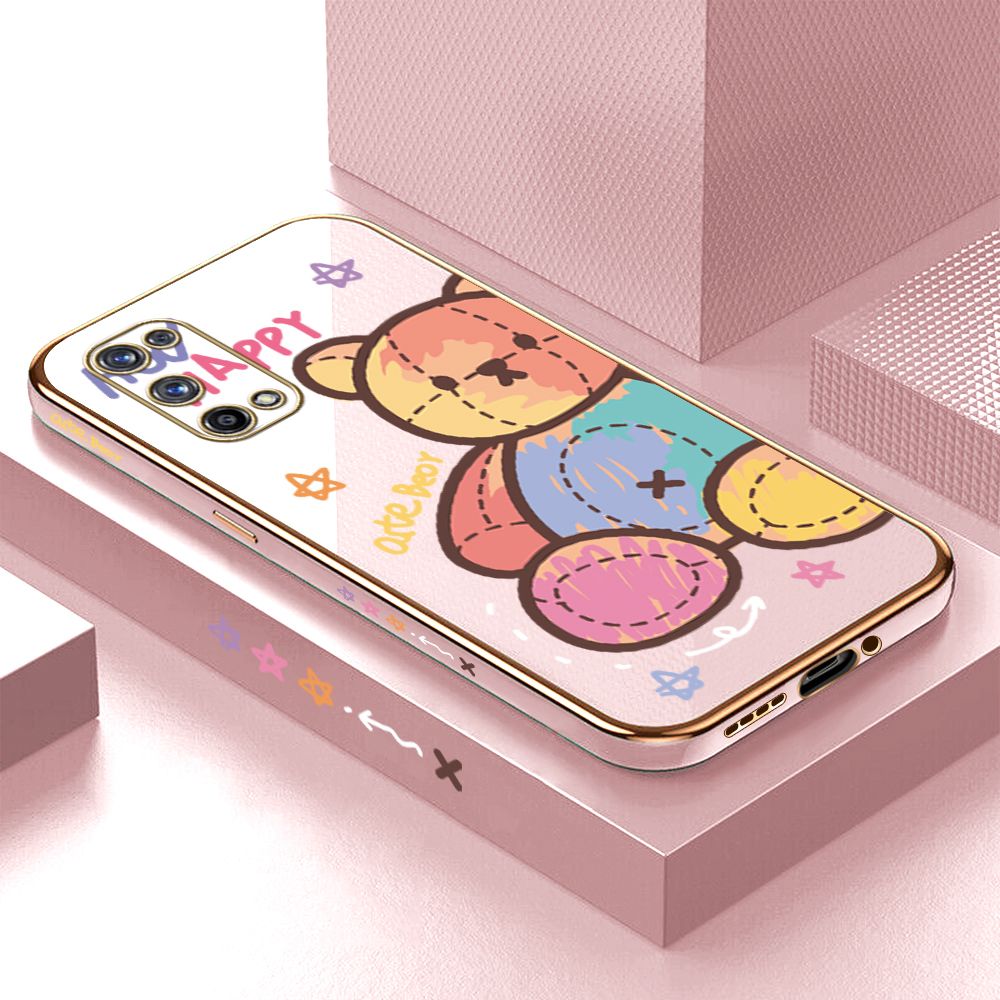 Luxury 6D Plating Case for Realme X7 Pro 5G Color Cartoon Doll Bear Side Pattern Back Cover Soft Silicone Square Frame Shiny Bling Phone Cases + Free Lanyard