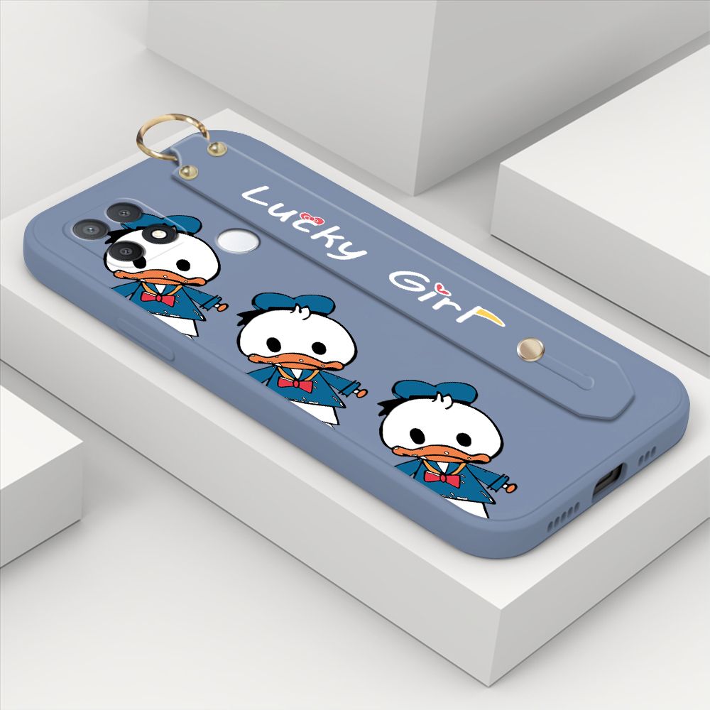ZeroQiQi for OPPO A15S Wrist Strap Case Cute Cartoon Little Duck Phone Case Square Edge Liquid Silicone Case Full Cover Camera Shockproof Protective Cases