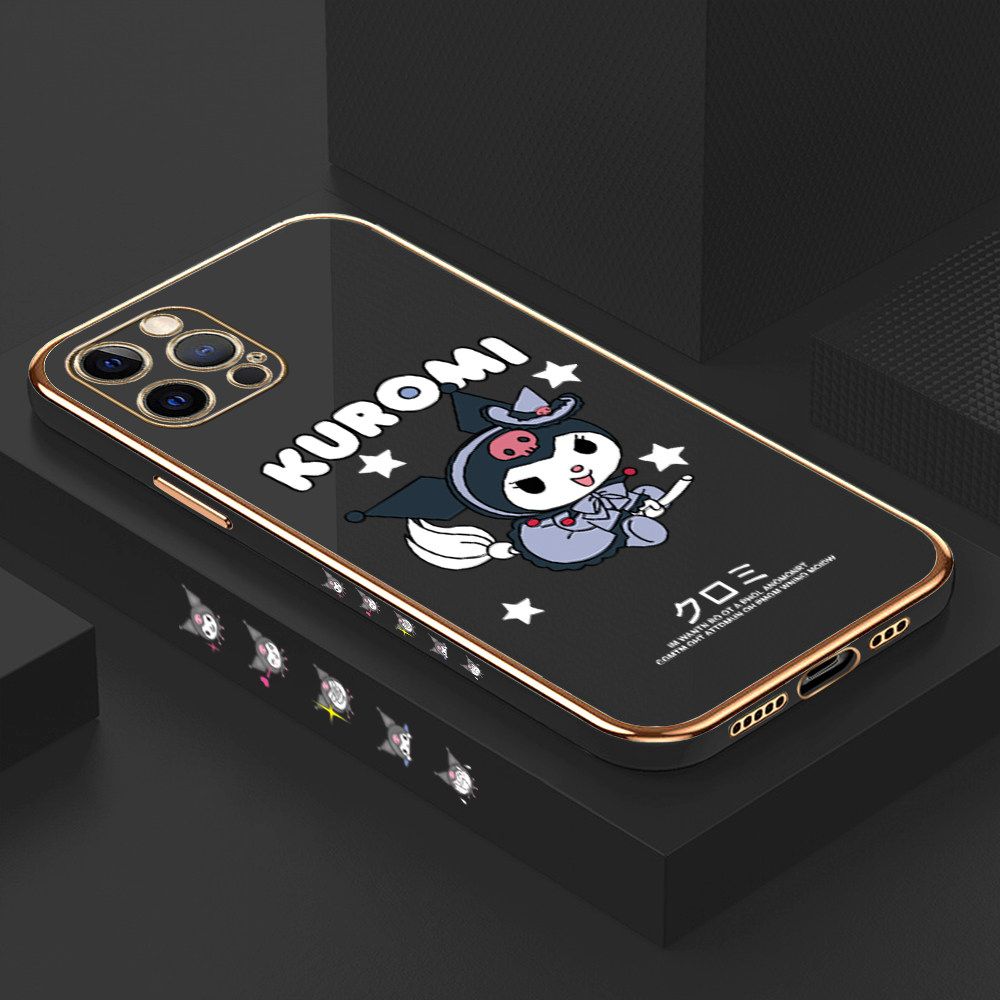 Luxury 6D Plating Soft Casing Silicone Square Frame Phone Case For iPhone 12 Pro Case Shiny Bling Back Cover Cartoon Anime Character Cute Square Edge Pattern Design Soft Case + Free Lanyard