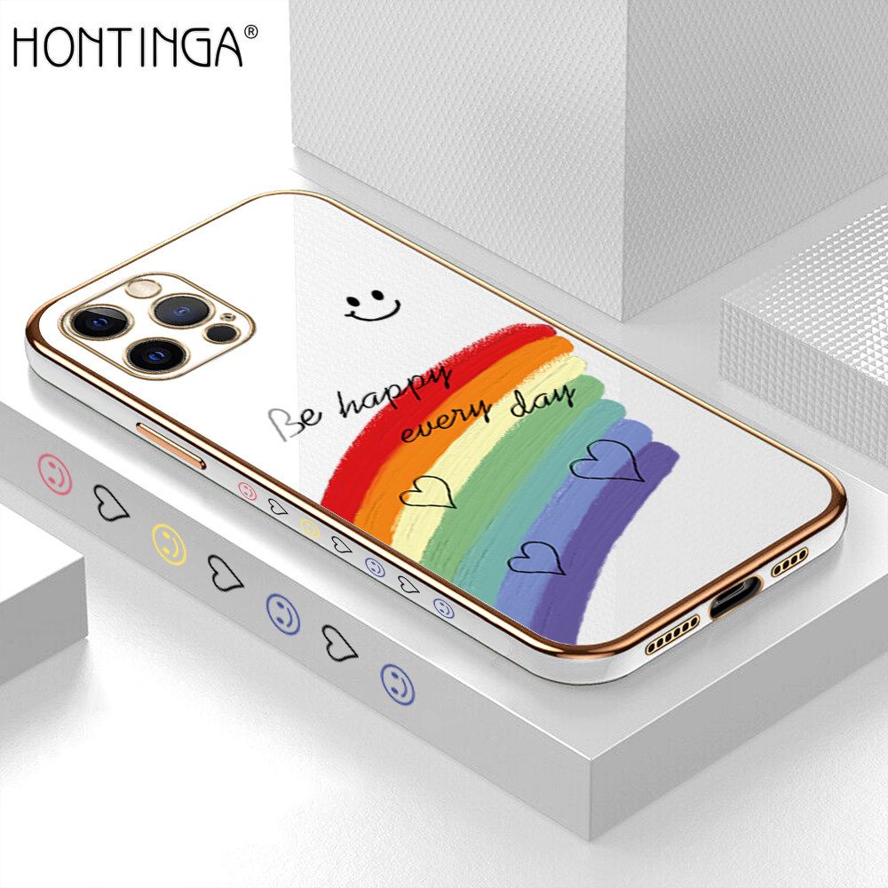 Hontinga for iPhone 12 Pro Max Back Cover + Free Lanyard Luxury 6D Plating Cartoon Rainbow Side Pattern Caese Soft Silicone Square Phone Cases