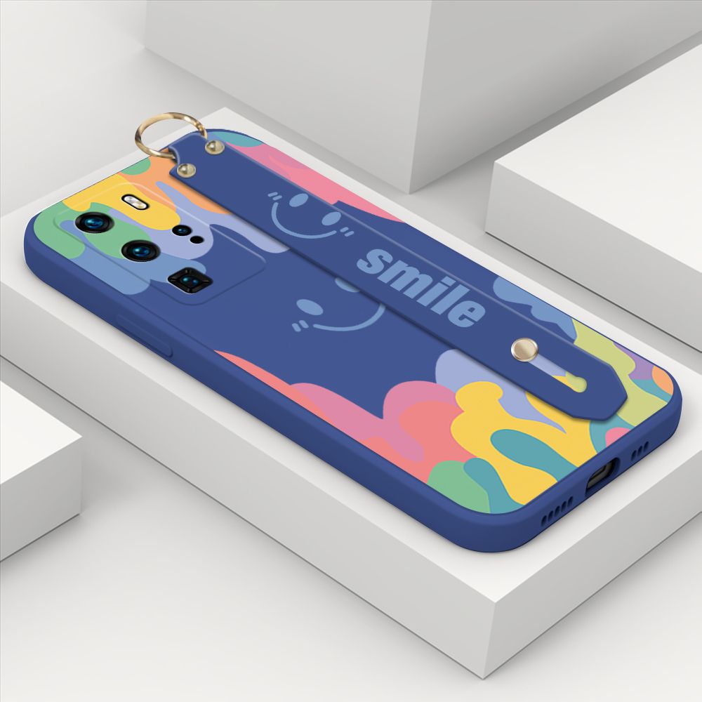 ZeroQiQi for Huawei P40 Pro Wrist Strap Case Soft Candy Color Splash Ink Cover Trend Square Printed Pattern Liquid Silicone Phone Case