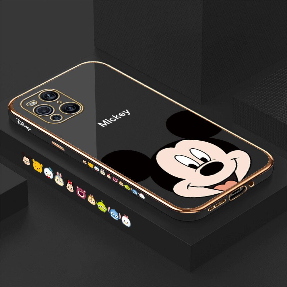 Luxury 6D Plating Soft Casing Silicone Square Frame Phone Case For OPPO Find X3 Case Shiny Bling Back Cover Cartoon Big Head Mouse Square Edge Pattern Design Soft Case + Free Lanyard