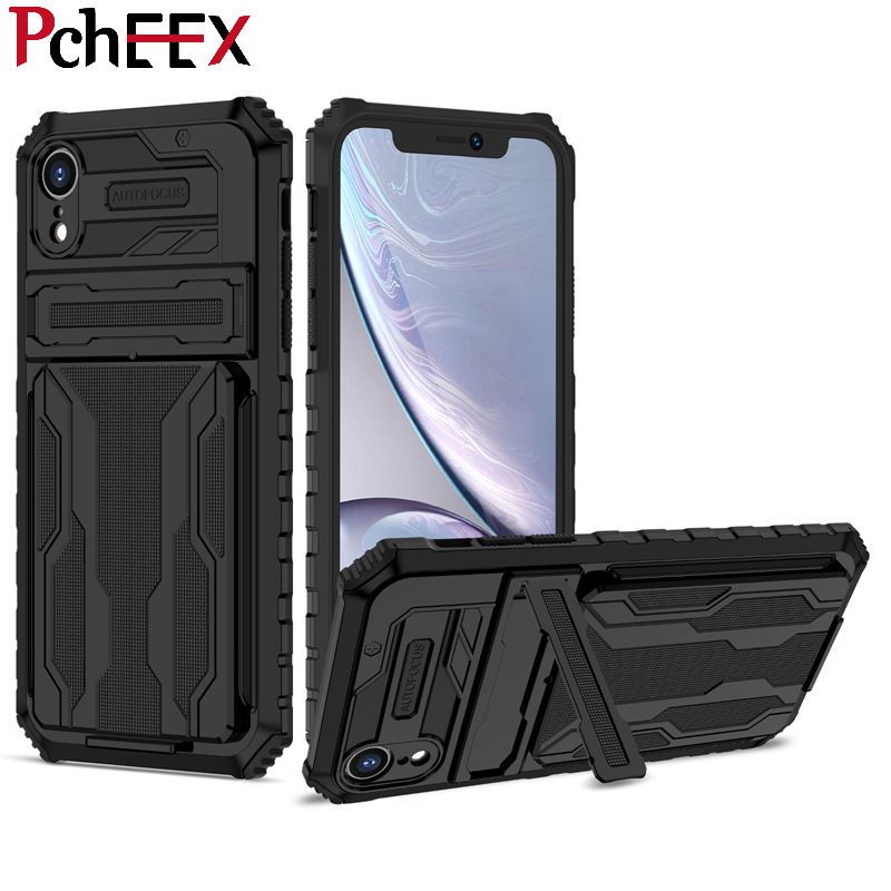 For Apple iPhone XR Phone Case Armor Hard Military Grade Bumper Slot Card Kickstand Cover