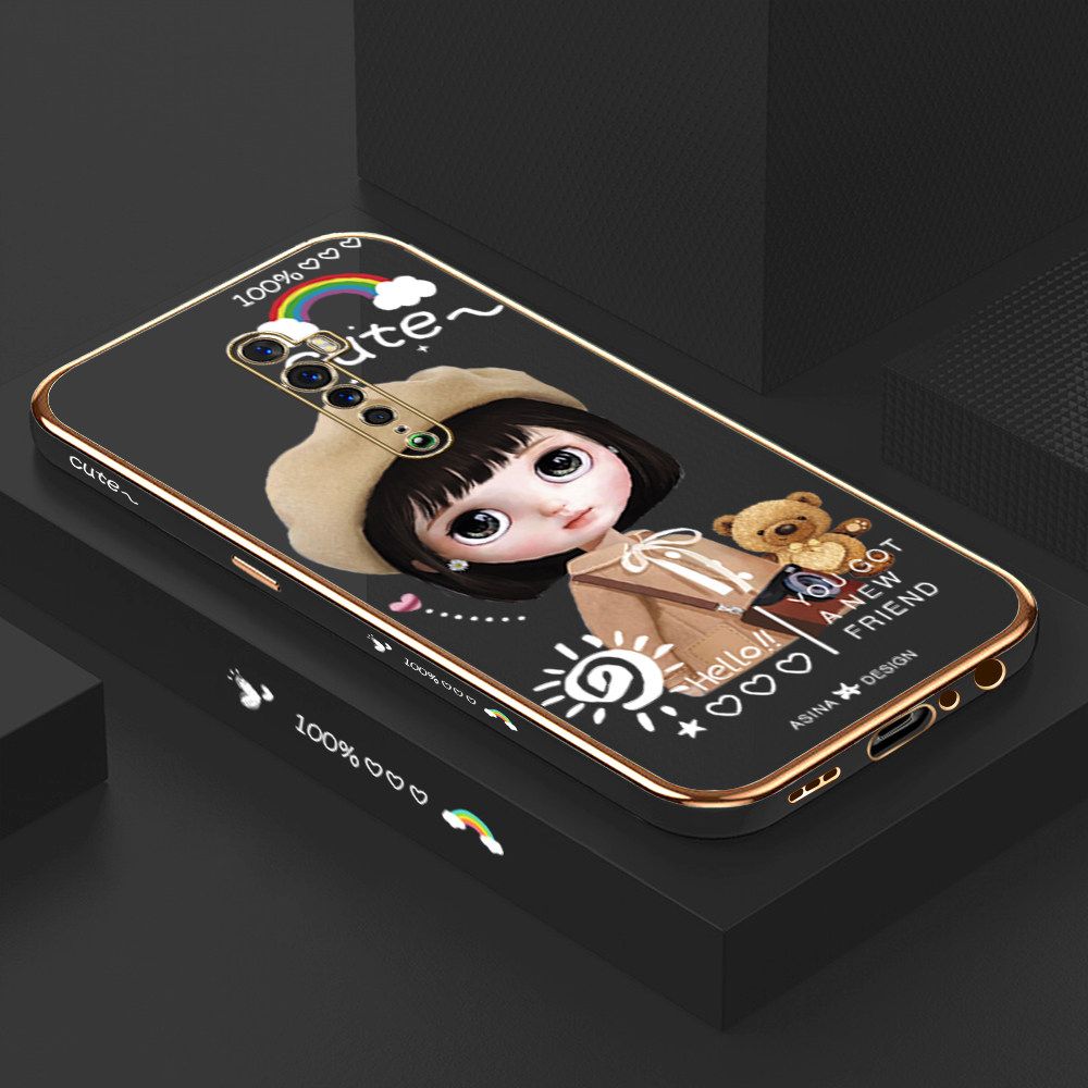 Luxury 6D Plating Soft Casing Silicone Square Frame Phone Case For OPPO Reno 2 Case Shiny Bling Back Cover Cute Girl With Shoulder Bag Square Edge Pattern Design Soft Case + Free Lanyard