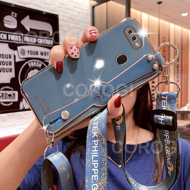 For OPPO F9 / F9 Pro Cover with [Lanyard + Wrist Strap Stand Holder] Ultra Thin Plating Bumper Phone Case Camera Lens Protection Soft TPU Silicone Shockproof Protective Back Cover