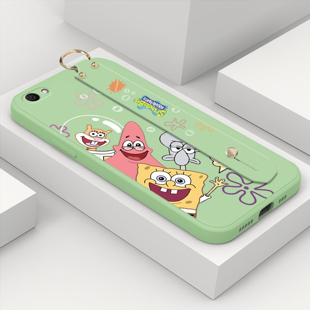 ZeroQiQi for Vivo V5 Lite Wrist Strap Case Cute Cute Funny Cartoon Sponge for Square Pants Cover Square Edge Liquid Silicone Anti-drop Phone Case