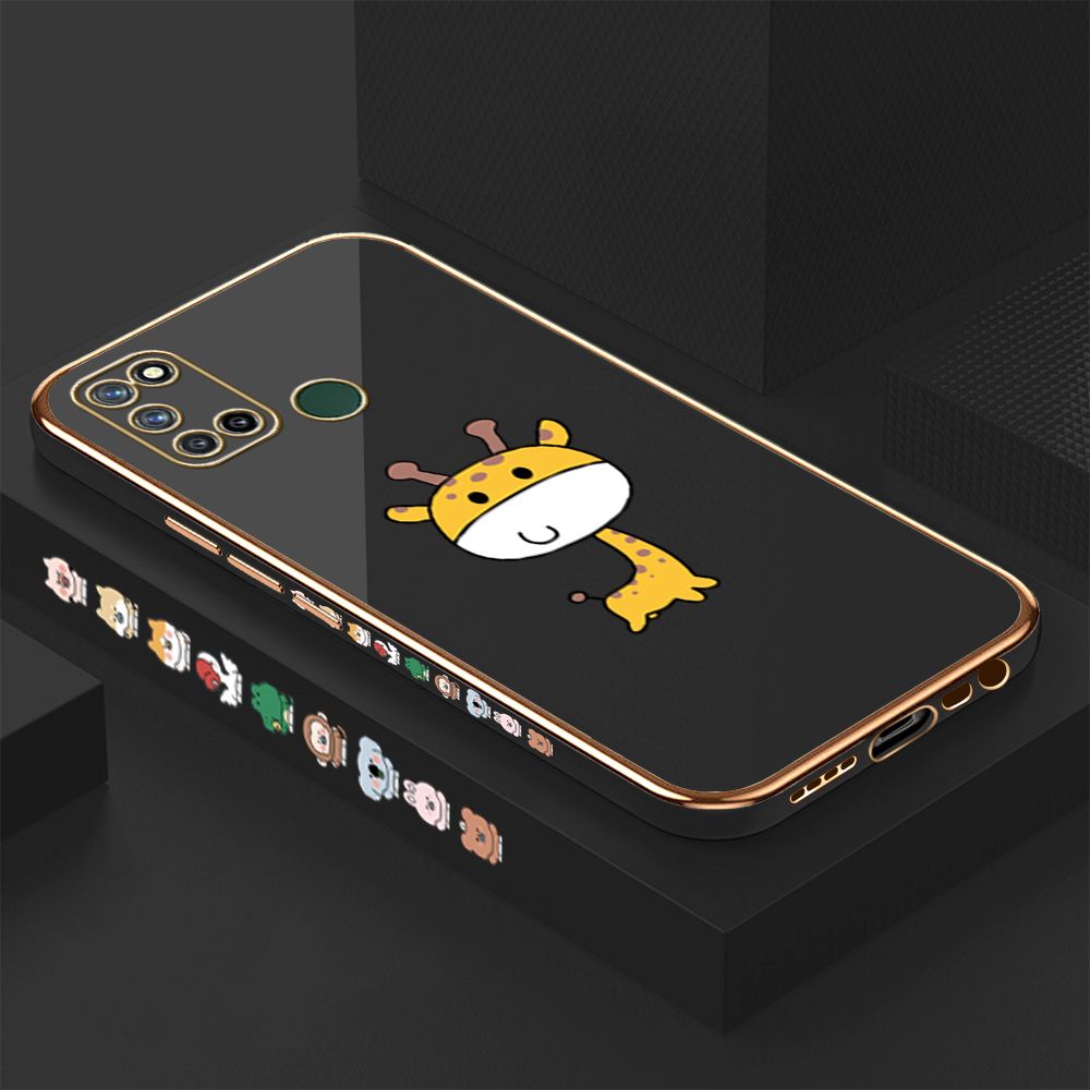 Luxury 6D Plating Case for Realme 7I C17 Cute Giraffe Side Pattern Back Cover Soft Silicone Square Phone Cases + Free Lanyard