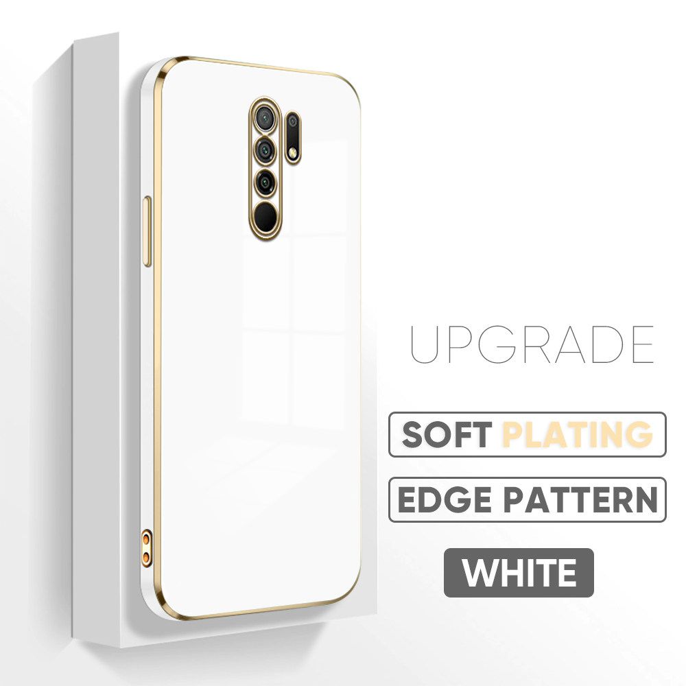 Jizetin (Free Lanyard) Redmi 9 Luxury 6D Plating Soft Casing Silicone Square Frame Phone Case Shiny Bling Back Cover