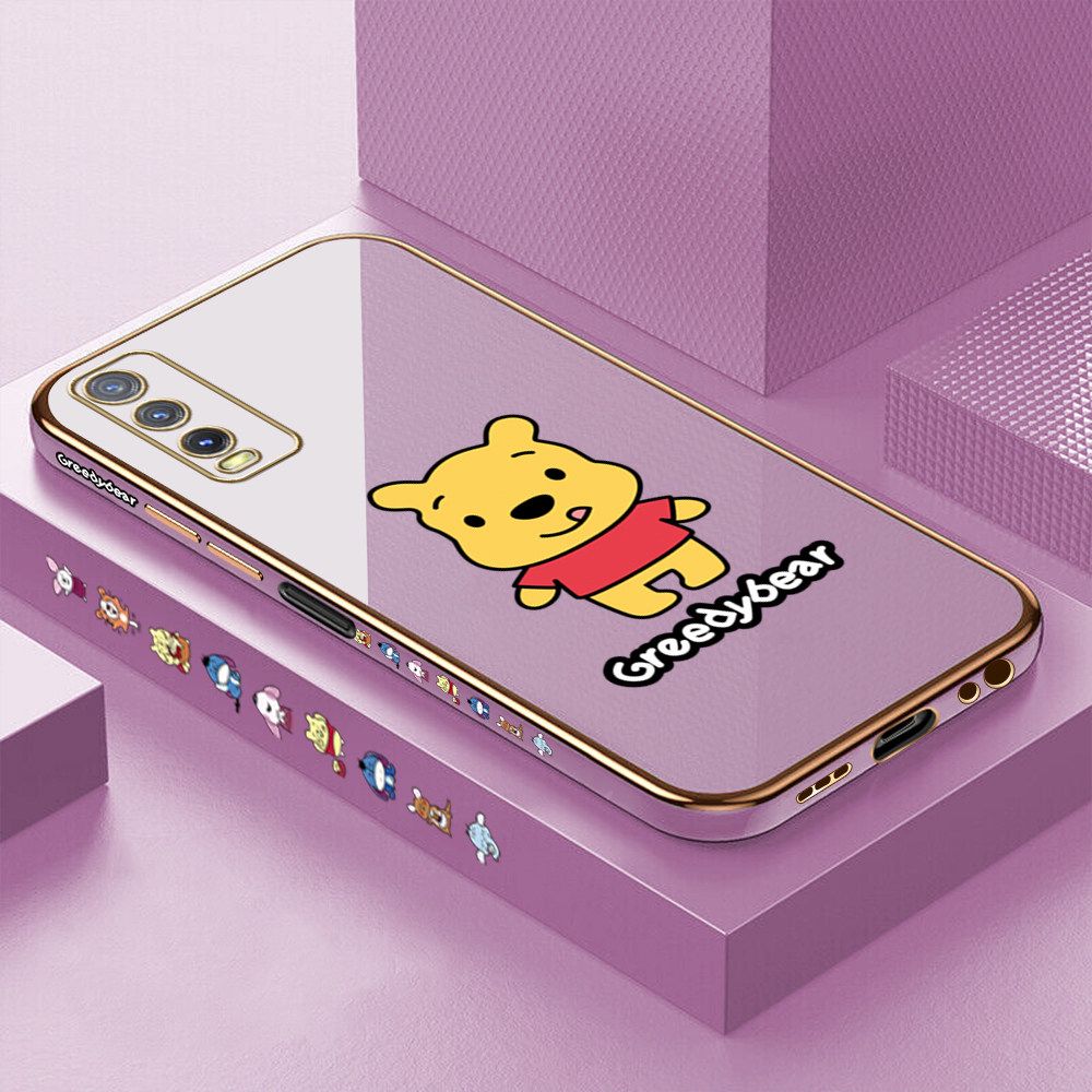 Luxury 6D Plating Case for Vivo Y20S Squirming Little Sweet Bear Side Pattern Back Cover Soft Silicone Square Frame Shiny Bling Phone Cases + Free Lanyard