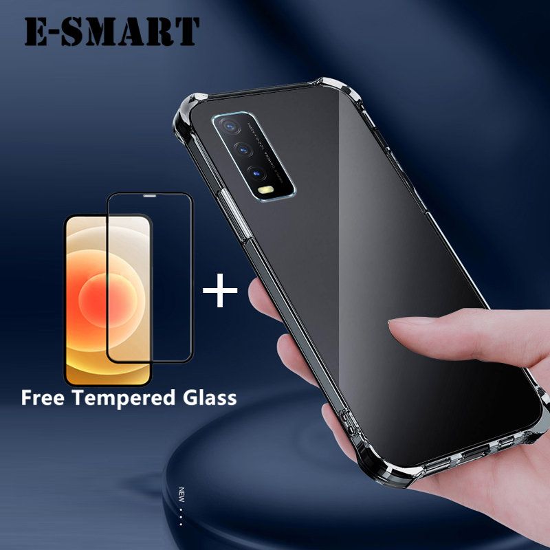 Phone Case Vivo Y12S Soft Transparent Shockproof cases + Free Tempered Glass Screen Protector Clear Vivo Y12S Case