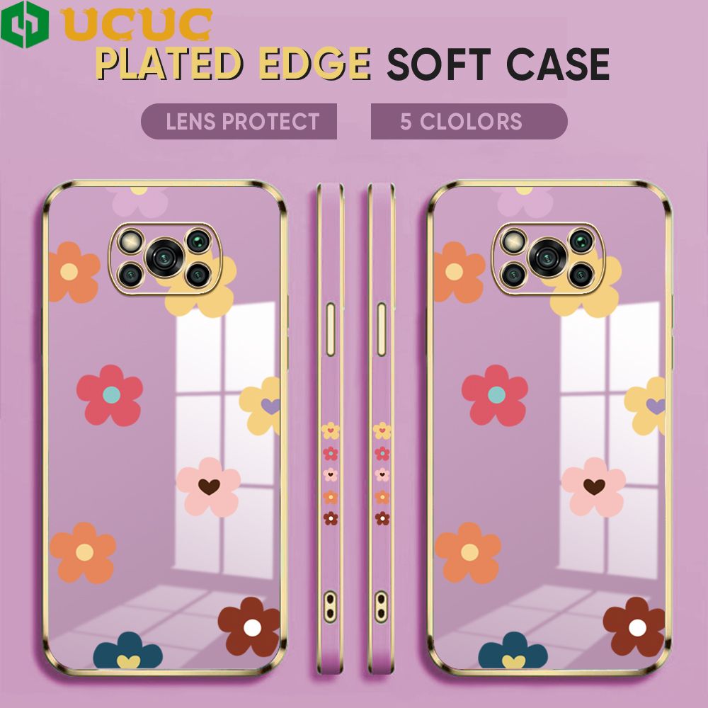 UCUC for Xiaomi Poco X3 / X3 Pro / X3 NFC Back Cover + Free Lanyard INS Style Flower Luxury 6D Plating Case Side Pattern Soft Silicone Square Phone Cases