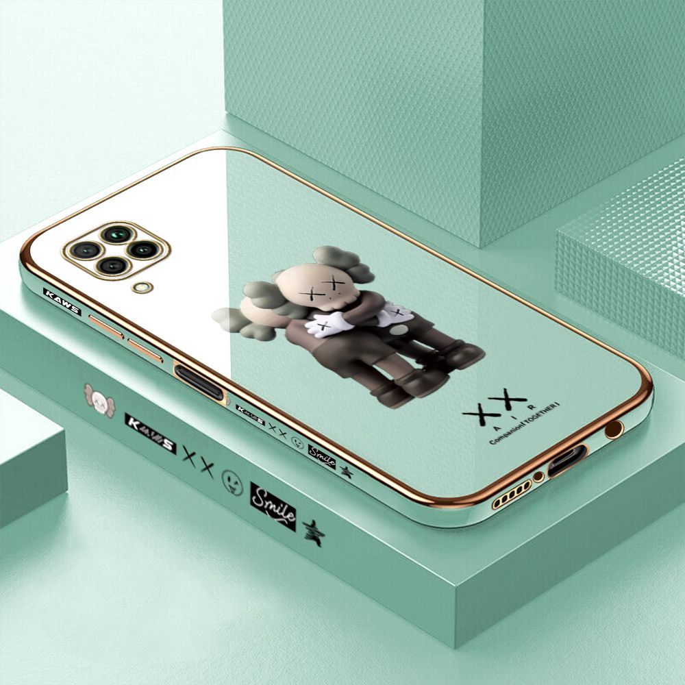 Luxury 6D Plating Case for Huawei Nova 7I Embrace Cartoon Bear Side Pattern Back Cover Soft Silicone Square Frame Shiny Bling Phone Cases + Free Lanyard