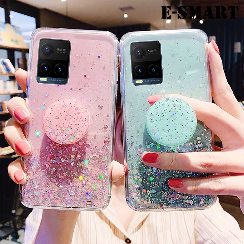 For VIVO Y21T Case Shiny Ring Glitter Soft Transparent Holder Stand Back cover with String Glitter Space Stars Moon Vivo Y21T Back Cover