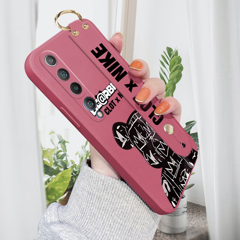 Jizetin for Xiaomi Mi 10 Wrist Strap Case Creative Cartoon Black Stitching Bear Cover Ultra Thin Anti Fall Liquid Silicone Phone Case