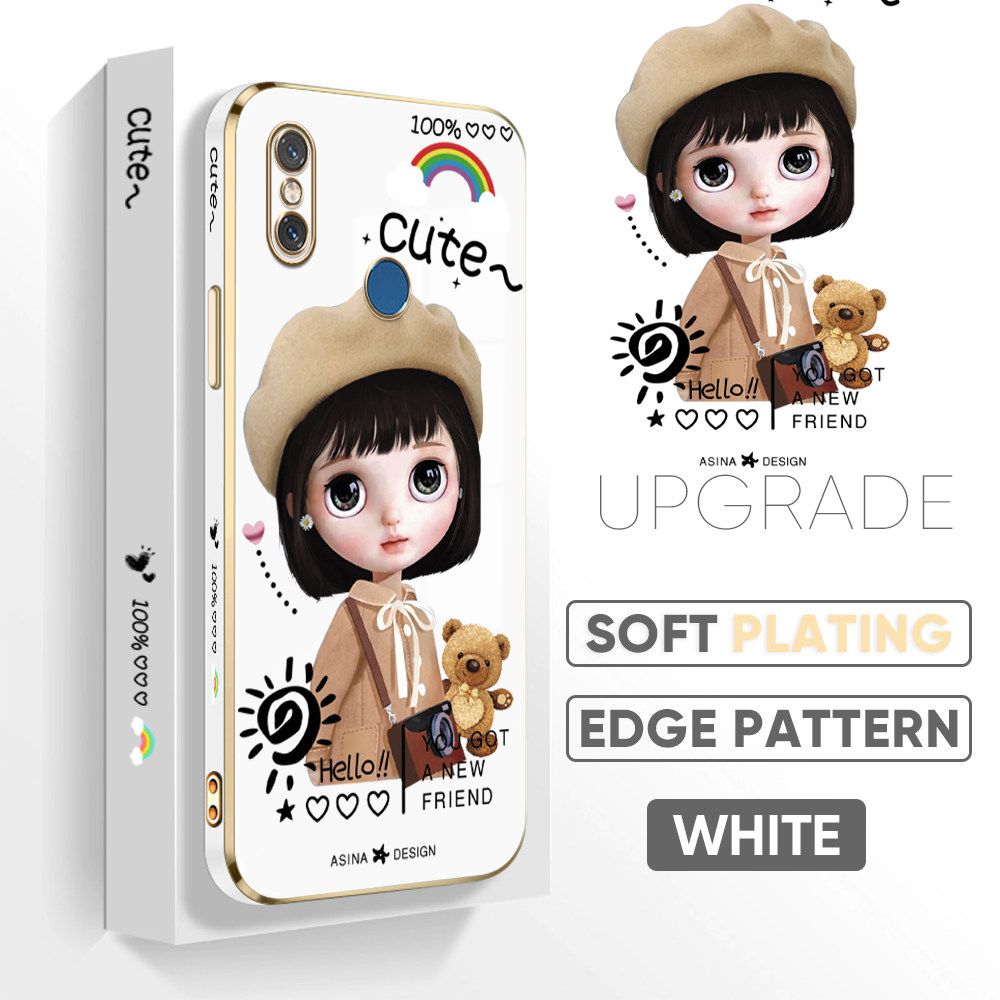 Jizetin (Free Lanyard) Xiaomi 8 Luxury 6D Plating Soft Casing Silicone Square Frame Phone Case Shiny Bling Back Cover Cute Sunshine Girl New design Side Drawing Case