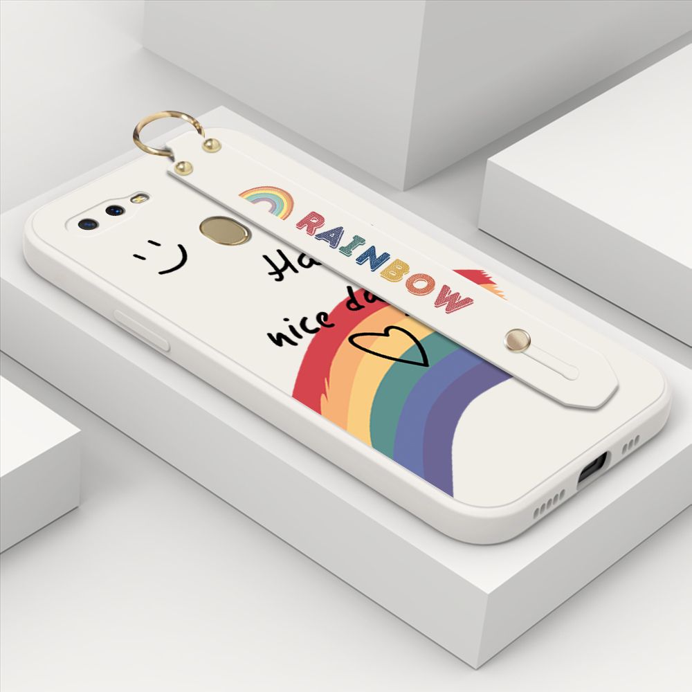 ZeroQiQi for OPPO A5S Wrist Strap Case Lovely Graffiti Rainbow Smile Thin Phone Cover Square Edge Liquid Silicone Creativity Phone Case