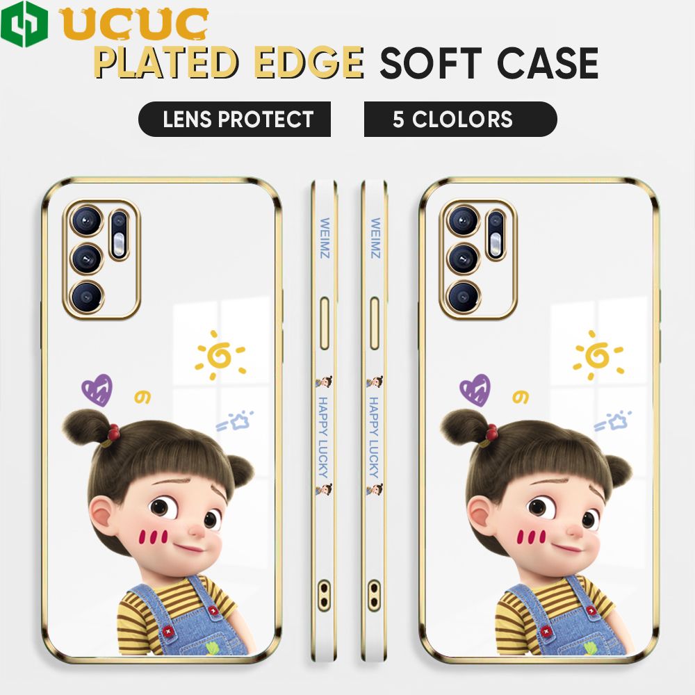 UCUC for OPPO Reno6 Back Cover + Free Lanyard Lovely Girl Luxury 6D Plating Case Side Pattern Soft Silicone Square Phone Cases