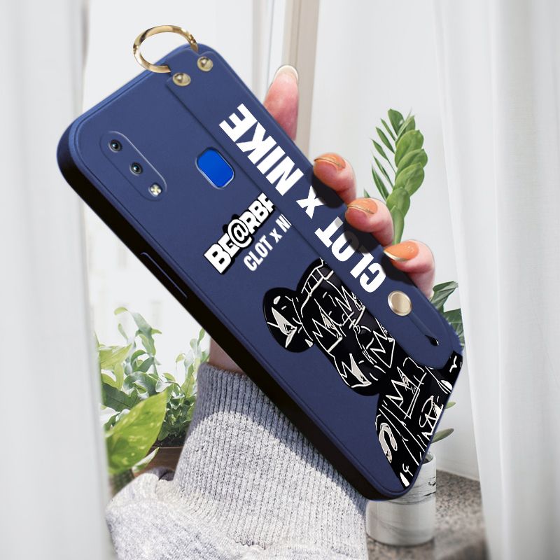 Jizetin for Vivo Y91 / Y95 Wrist Strap Case Creative Cartoon Black Stitching Bear Cover Ultra Thin Anti Fall Liquid Silicone Phone Case