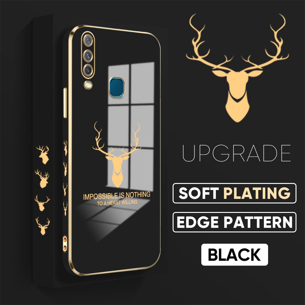 TA for Vivo Y17 Y15 Y12 Back Cover + Free Lanyard Simple Antlers Luxury 6D Plating Case Side Pattern Soft Silicone Square Phone Cases