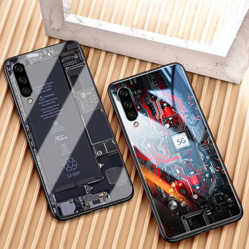For Samsung Galaxy A50 Back Cover Version Theme Case Tempered Glass Protection shockproof Cover for Samsung A50 case Transparent Circuit Board Design Full Coverage Phone cases